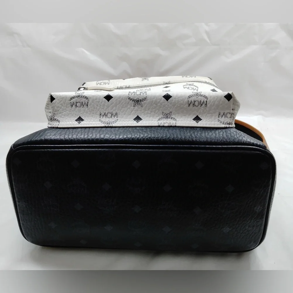 Authentic MCM BackPack Bag  Black Tan White leather pvc